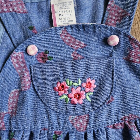 Vintage Baby Girl 3–6M Overalls – Floral Embroidered with Pink Checked Ribbon - Picture 8 of 8